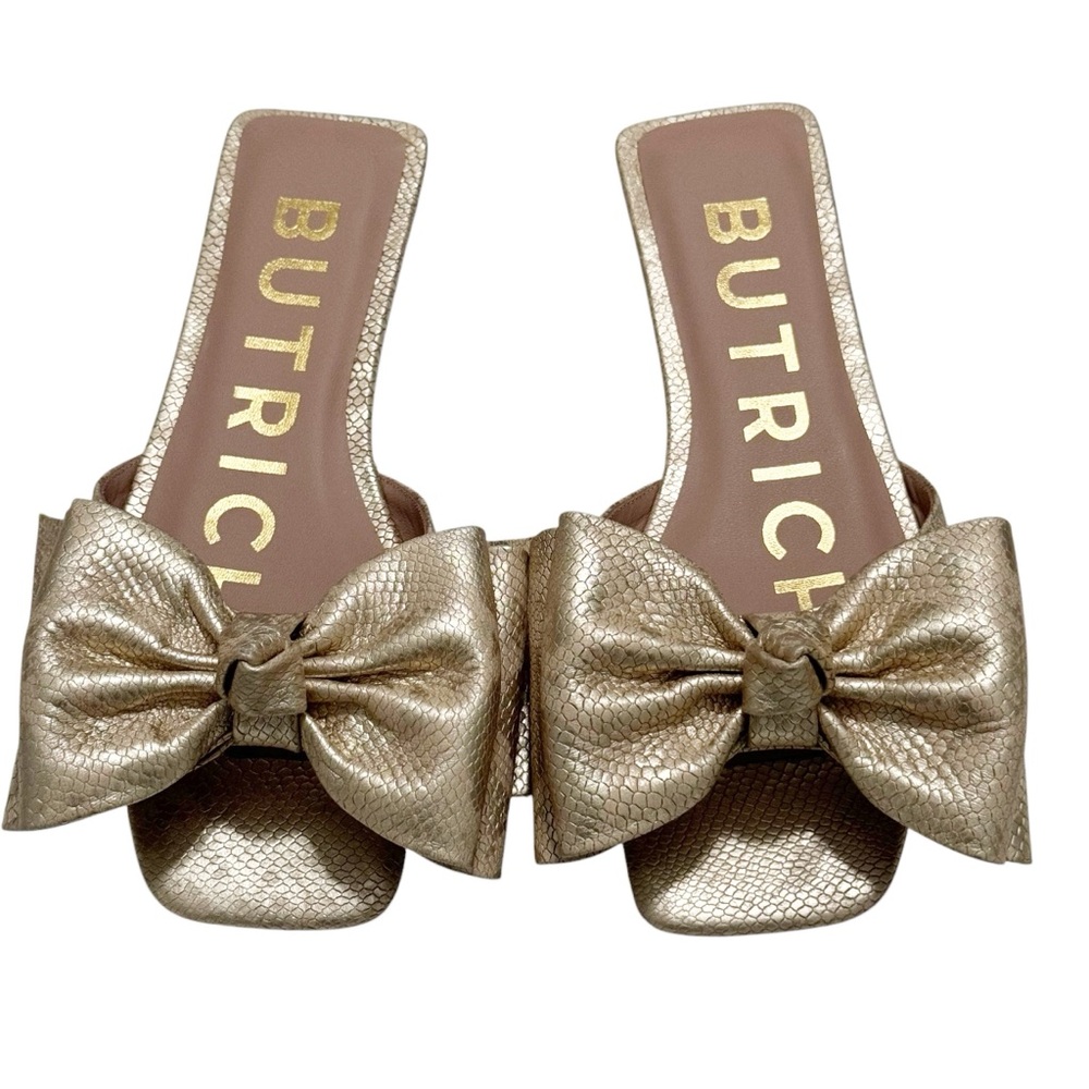 Butrich Irina Bow Metallic Gold Snakeskin Flat Sandal 5.5 - Picture 4 of 12